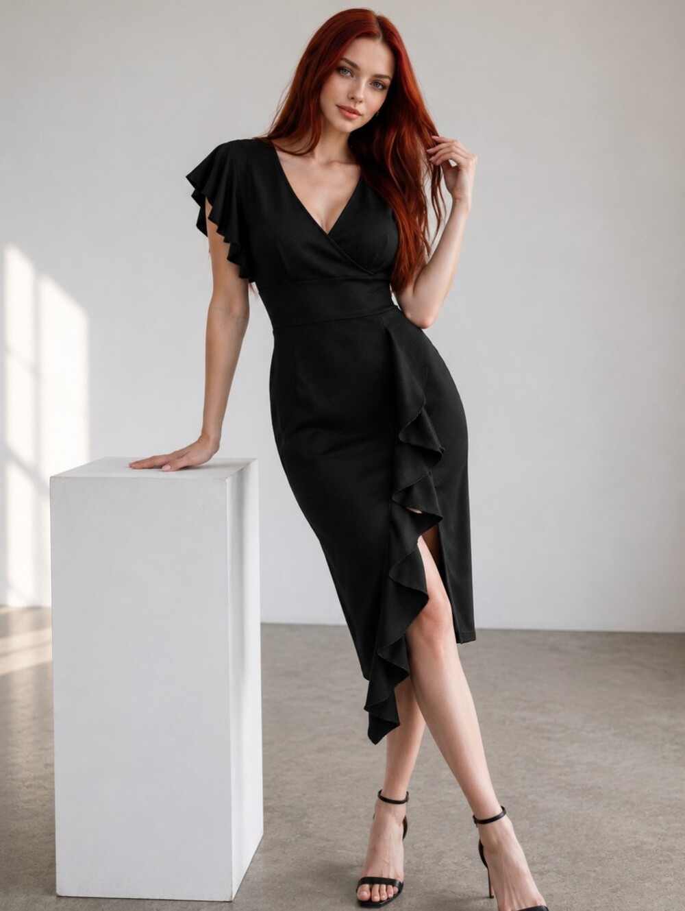 NWT Knitee XL Black Deep V-Neck Ruffle Sleeve Cocktail Dress Slit Pencil CC